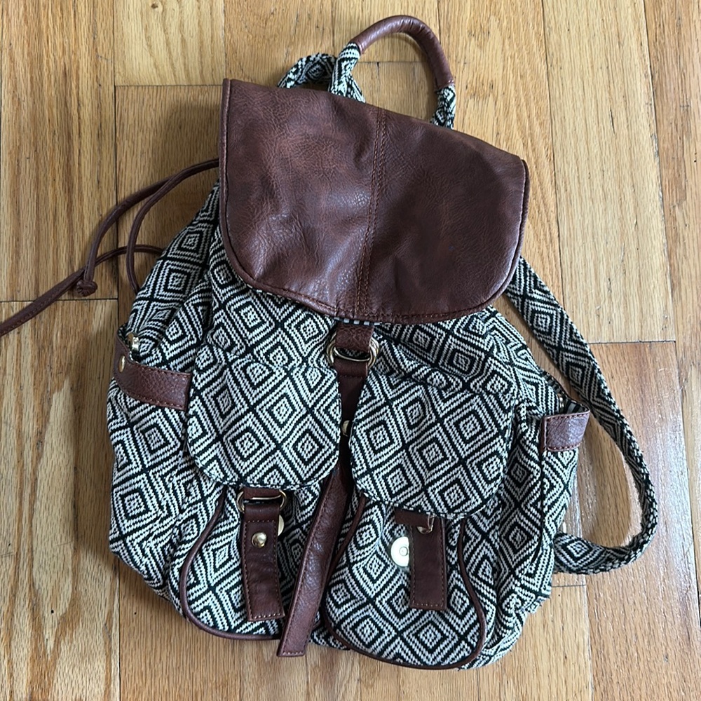 Boho woven fabric backpack black and white